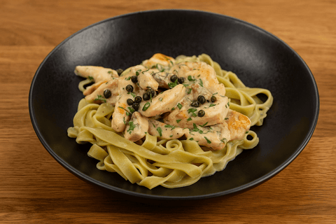 Putengeschnetzeltes mit frischem, fermentiertem Pfeffer an Champignonrahm und Pasta - www.altesgewuerzamt.de