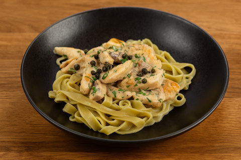 Putengeschnetzeltes mit frischem, fermentiertem Pfeffer an Champignonrahm und Pasta 