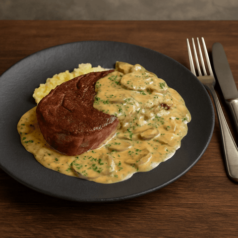 Entrecôte mit "Försters Schmortopf" auf Pastinakenstampf und Champignonrahm - www.altesgewuerzamt.de