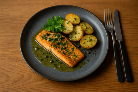 Gebratene Lachstranche in Butter geschwenkt mit eingelegtem grünen Pfeffer un Petersilienkartoffeln - www.altesgewuerzamt.de