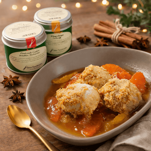 Soufflierte Topfenknödel mit Lebkuchengewürz und Orangen-Grapefruitragout - www.altesgewuerzamt.de