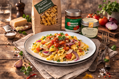 Andis Pasta mit confierte Tomaten, Feta und „AGA“ Tomaten-Chutney - www.altesgewuerzamt.de