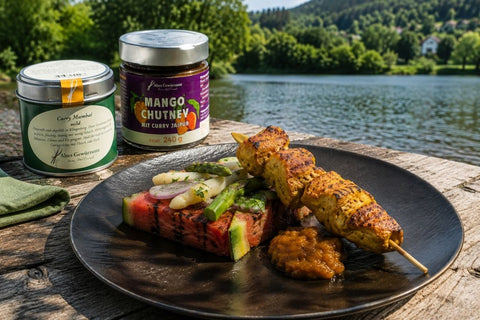 Putenspieß auf gegrillter Wassermelone mit Spargelsalat und Mango Chutney - www.altesgewuerzamt.de